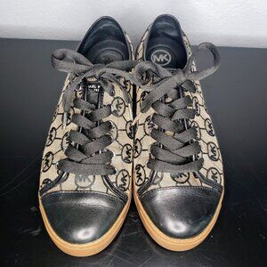 Michael Kors Logo City Sneakers - Black & Beige Canvas & Leather Size 9.5 (US)